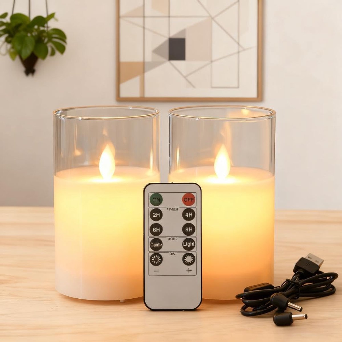 Set van 2 LED-kaarsen zonder Vlam met Glas, Oplaadbare – Realistisch Flickerend Vlameffect en Afstandsbediening – Decoratie voor Huis, Kerst, Bruiloften en Feesten (Wit, 7,5 x 10 cm)