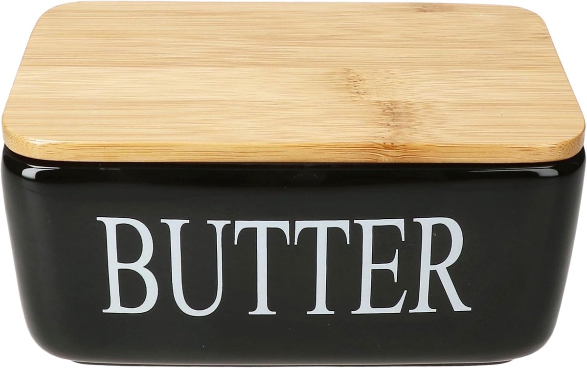 Reni botervloot met bamboedeksel, rechthoekige zwarte keramische doos met witte belettering, voor 1 stuk boter (250 g), voor het bewaren van boter en margarine