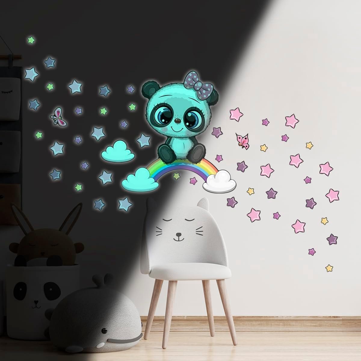 Sticker Lichtgevende Lichtgevende Muursticker Plafond Kind Fluorescerende Panda op Regenboog - H40 x B40 cm