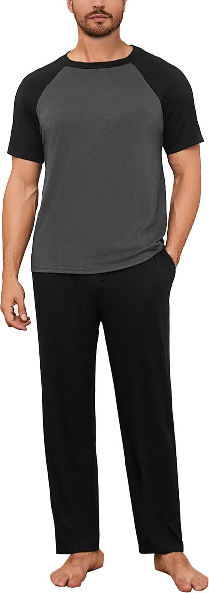Pyjama voor heren, korte pyjama, katoen, tweedelige set, korte mouwen, shirt, lange pyjamabroek, zomer, nachtkleding voor mannen