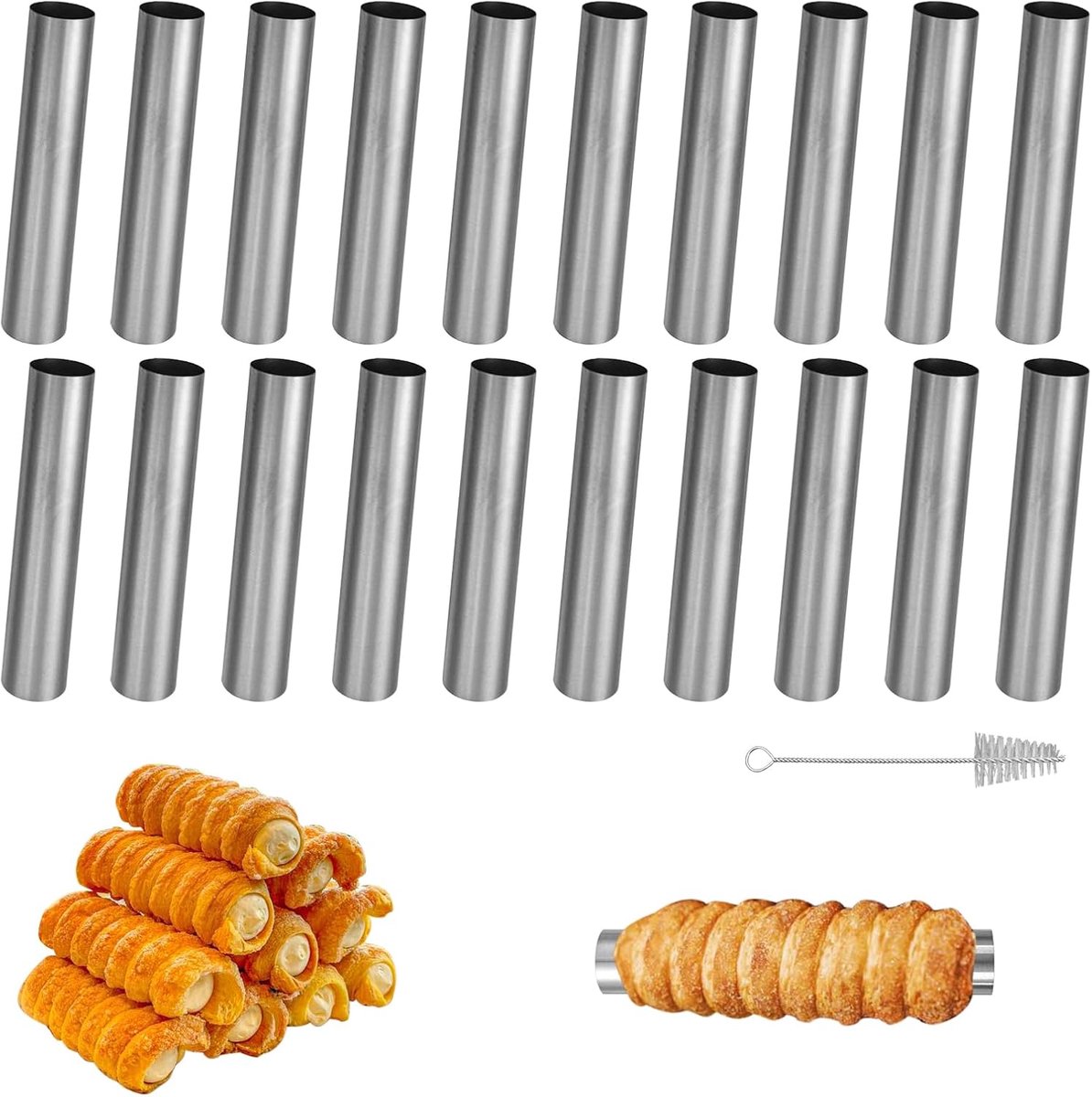 20 stuks uitsteekvormen van roestvrij staal met 1 reinigingsborstel, 12 x 2 cm hoekvormen voor room, bakwaren, pannenkoeken, cake en andere lekkere lekkernijen