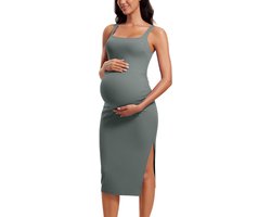 Zwangerschaps-midijurk | Vierkante hals, Butterluxe, ingebouwde bh, zonder vulling, zacht, gerimpelde zijkanten, split, zwangerschap, postpartum