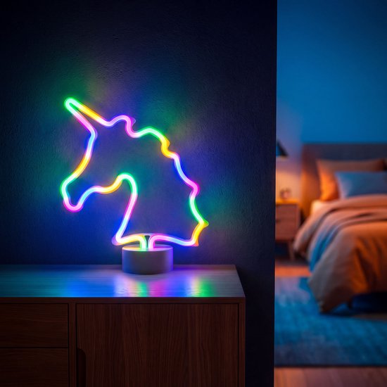 Nachtlamp Kind - Neon LED Lamp Eenhoorn Kinderkamer - Multicolor - USB & Batterij - Unicorn Kinderkamer Decoratie - 28,5 x 24,5 cm van PHENOM LIGHTING TECHNOLOGY — afbeelding 3