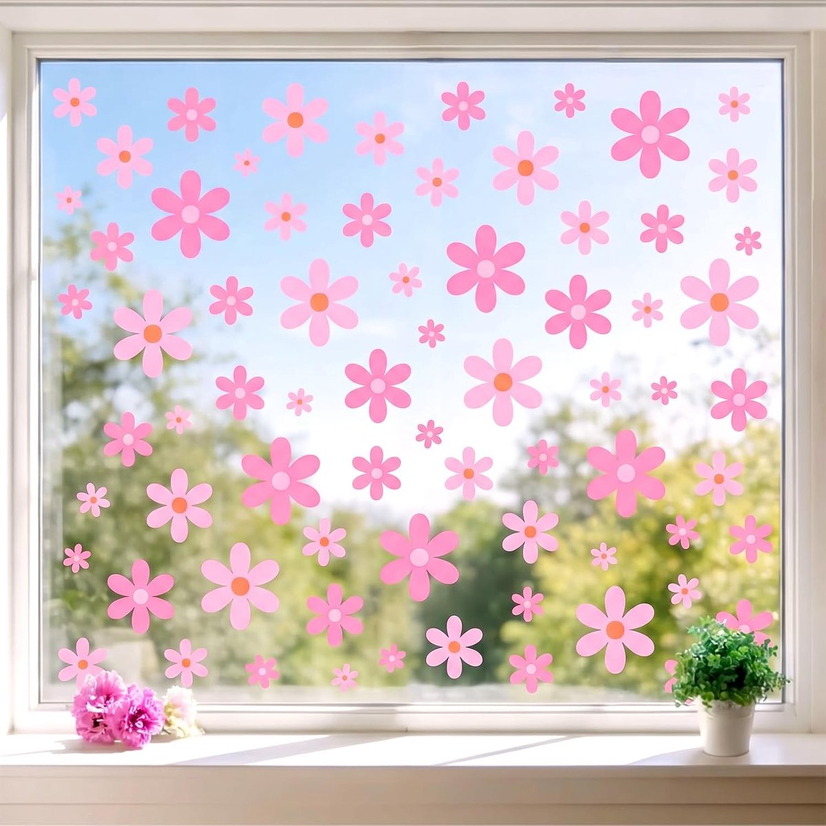 Raamstickers met madeliefjes | roze en wit Raamstickers herbruikbare raamfolie, bloemenraamstickers, glasdecoraties voor op kantoor, thuis en feestjes