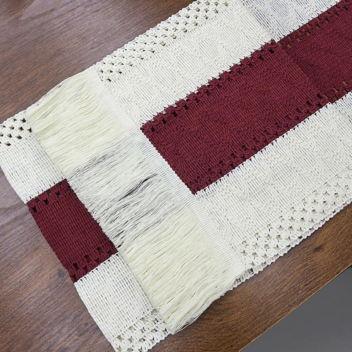 Tafelloper, boho-decoratie, geweven macramé, tafelloper van katoen en linnen met kwastjes, wasbaar, vintage macramé, tafelloper met kwastjes, voor bruiloft, boerderij, eettafel, wijnrood B, 30 cm x