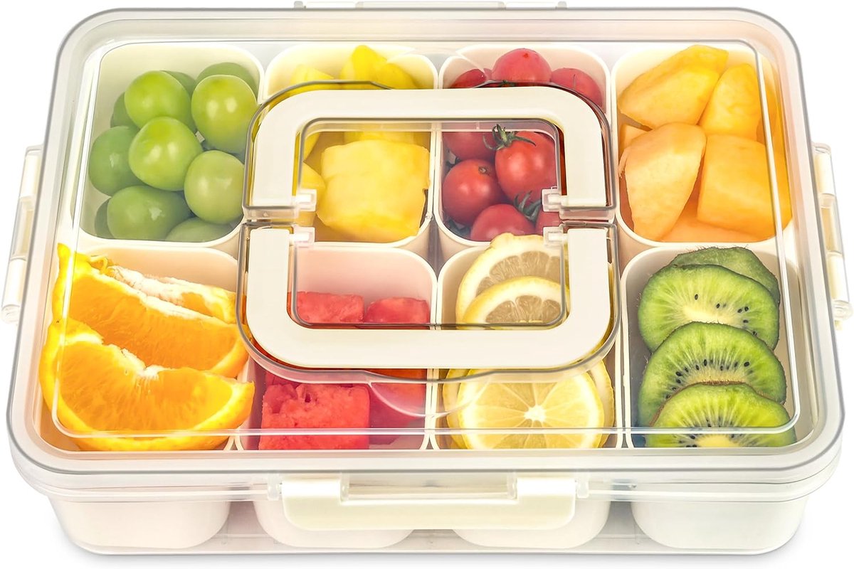 Snackbox met 8 vakken, snackborden van polypropyleen, vaatwasmachinebestendig, snackschaal met deksel en handgreep, draagbare snackbox, organizer voor snoep, fruit, koekjes, dessert, groenten
