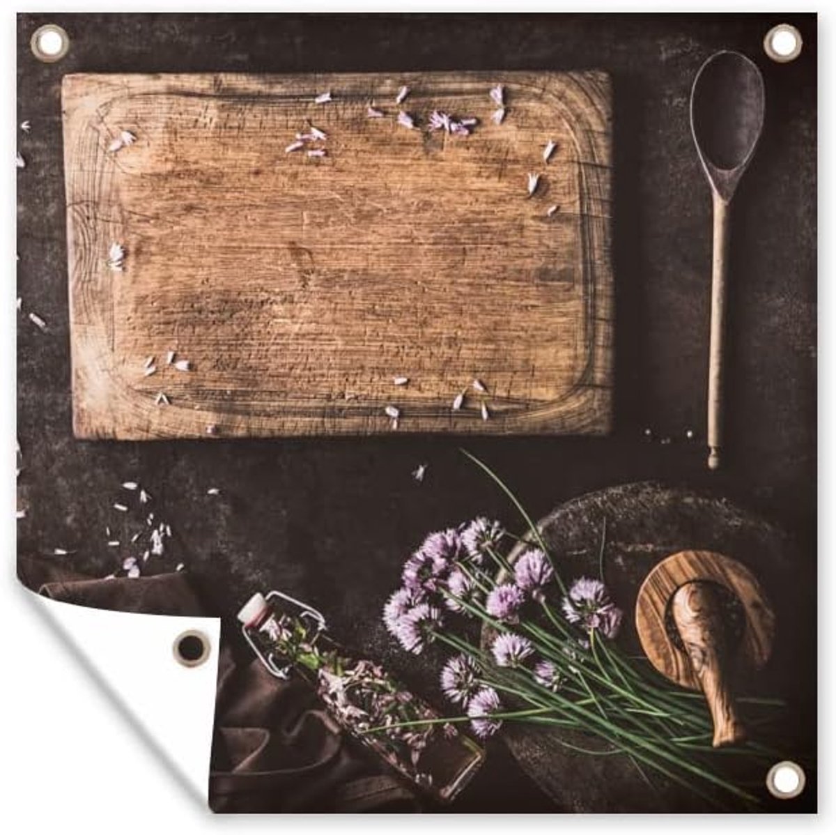 Tuinposter - 200x200 cm - Snijplank - Kruiden - Lepel - Keuken - Rustiek - Vijzel - Bieslook