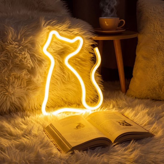 Nachtlamp Kind - Neon LED Lamp Kat Kinderkamer – Warm Wit – USB & Batterij – Decoratieve Tafellamp voor Kinderkamer – 28,5 x 24,5 cm van PHENOM LIGHTING TECHNOLOGY — afbeelding 3