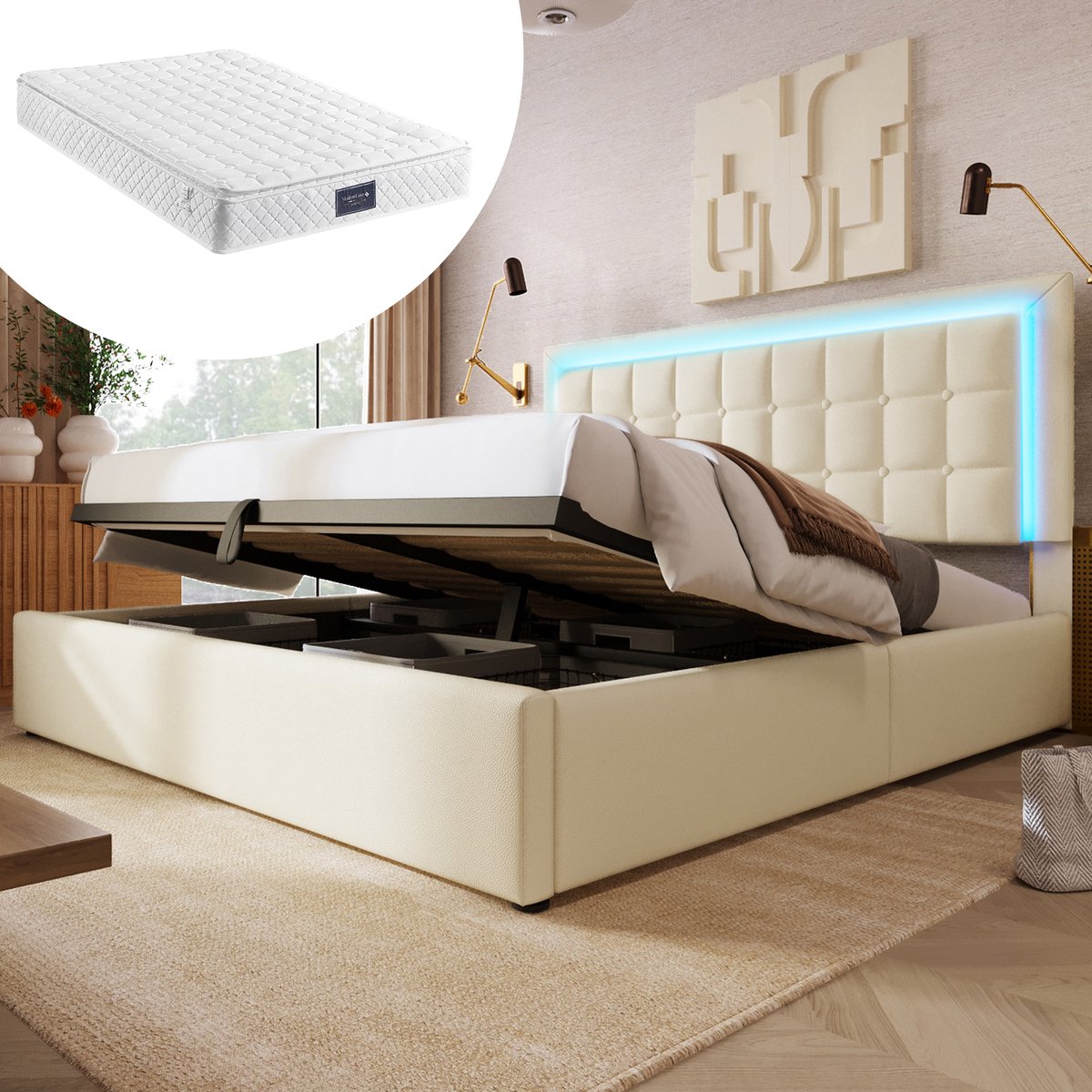 Gestoffeerd Bed 140x200 cm – LED-Verlichting & Hydraulische Opbergruimte – Lattenbodem – Tweepersoonsbed – Kunstleer – Wit – Met Matras
