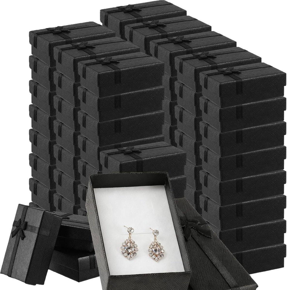 72 Pack 8x5x3cm Sieraden Geschenkdozen Bulk met Deksels en Strikken - Samll Kartonnen Verpakkingsdozen voor Ketting - Ring Opslag - Zwart
