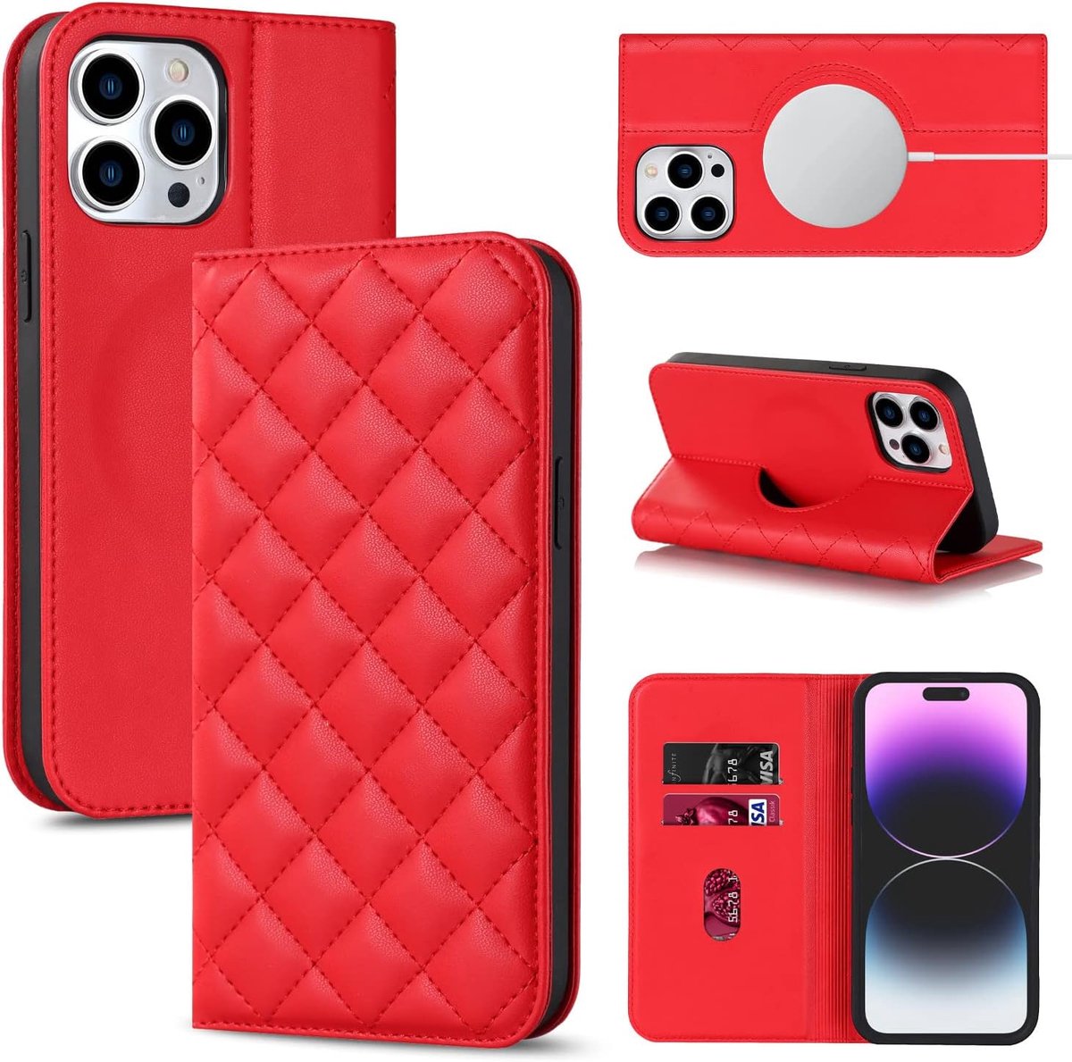 Hoes voor mobiele telefoon voor Apple iPhone 12 Mini, PU-leren klaphoes, compatibel met MagSafe-telefoonhoes met standfunctie en magneetsluiting, schokbestendig, flip beschermhoes, rood