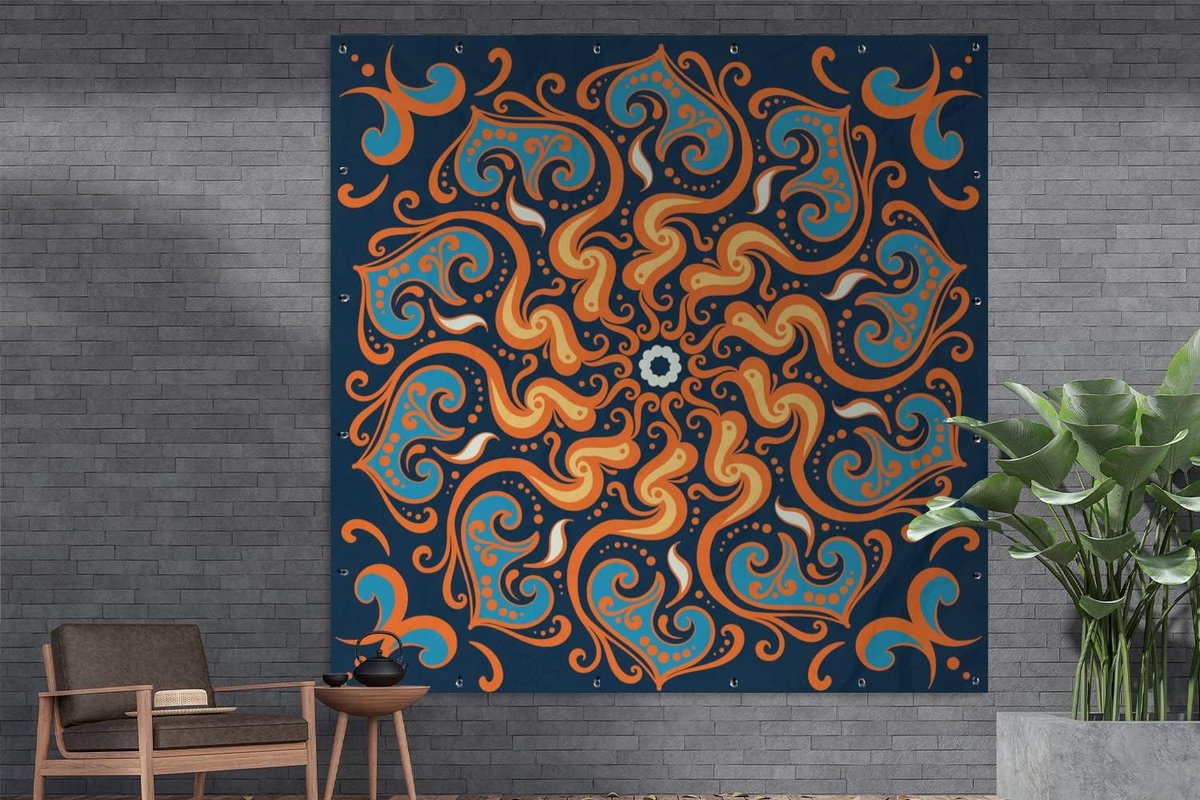 Tuinposter - 200x200 cm - Mandala - Bloem - Bladeren - Oranje