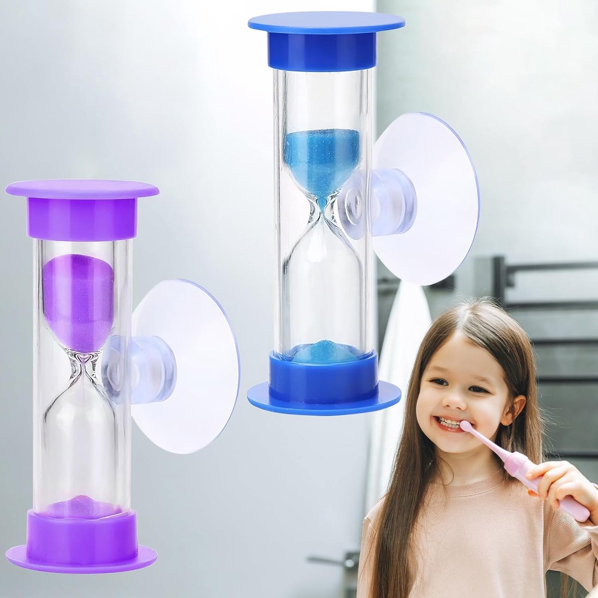 Zandloper voor kinderen, 2 stuks, 2 minuten en 3 minuten met zuignap, kleurrijke zandloper, timer voor keuken, tandenpoetsen, leren, sport en games (paars, blauw)