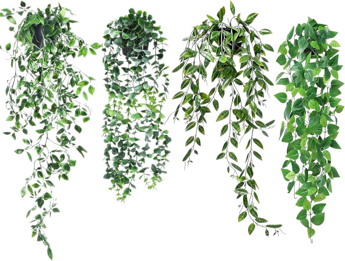 Kunsthangplanten in pot, set van 4 klimop en eucalyptus, decoratieve rankplanten voor muur, tuin, woonkamer en kamerdecoratie