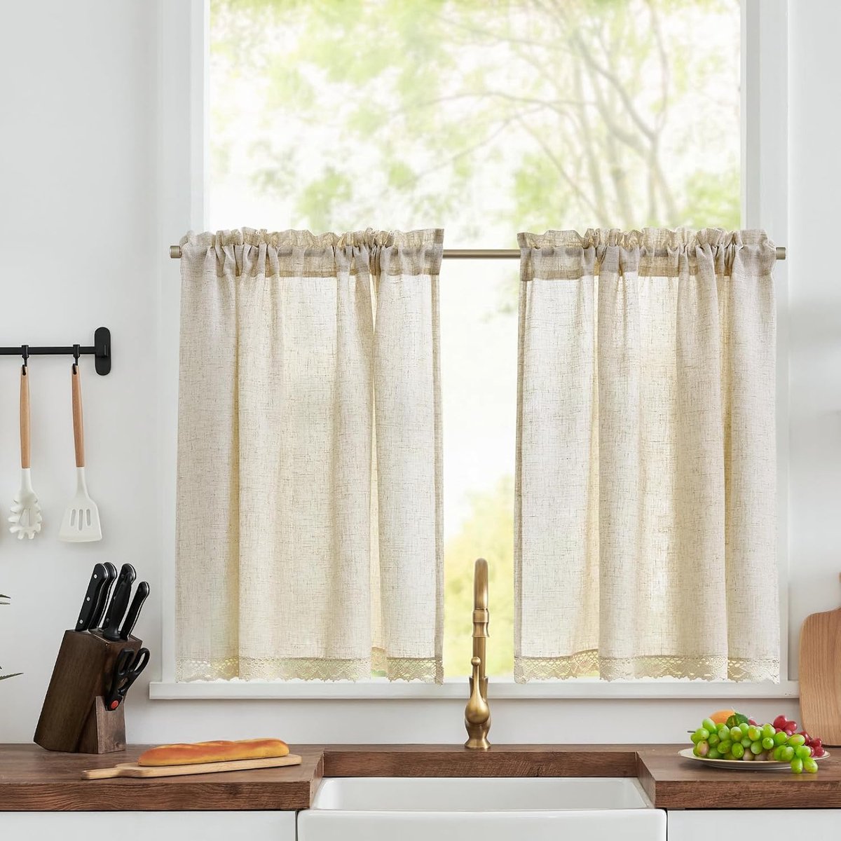 Keukengordijnen modern set van 2, kort linnenlook H65xB60cm