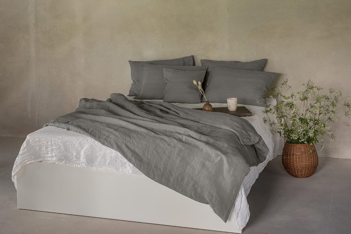 Beddengoed set 100% natuurlijk linnen stonewashed, natuurvezel linnen, met hotelsluiting (Grijs, 80 x 80 cm)