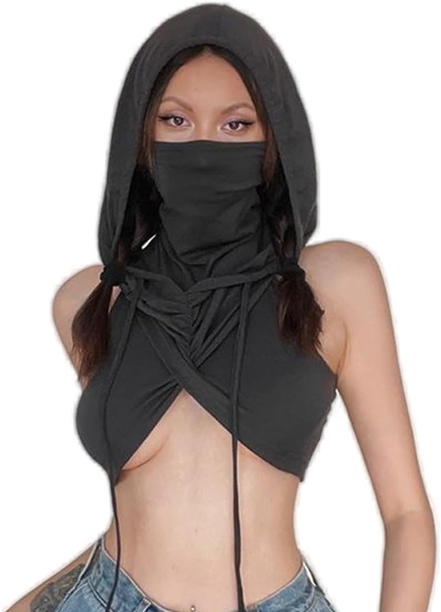 Mouwloze dames capuchon Crop-Top Y2k Streetwear Rave Outfit