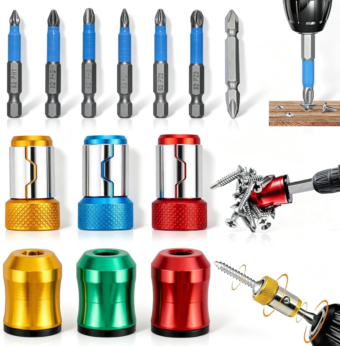Schroefringset met 7 antislip bits, voor reparatie en doe-het-zelf | Veelzijdige magnetische schroefhouder in 13-delige set, universeel 1/4 inch, voor reparatie, bouw en doe-het-zelf ombouwingen
