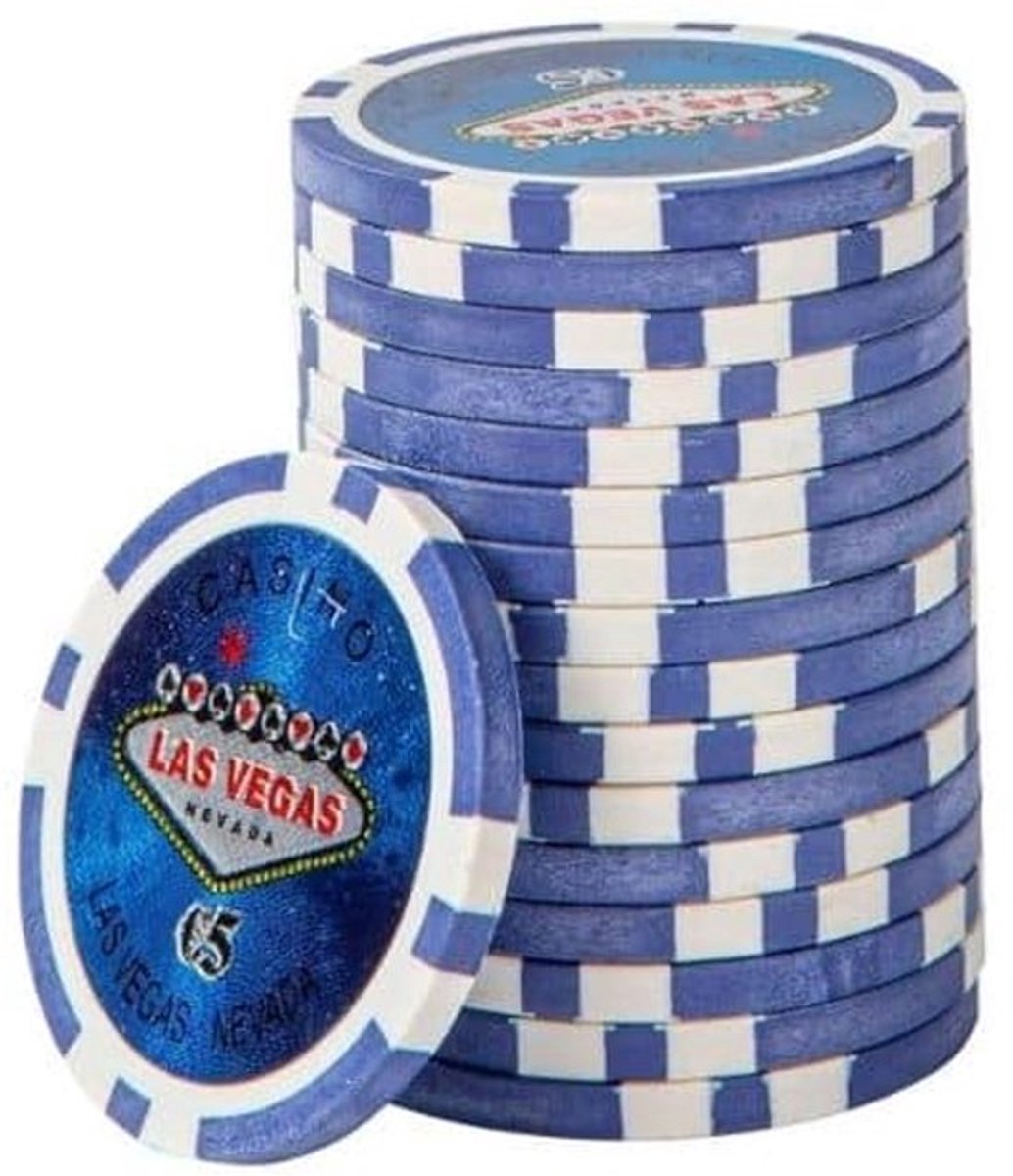 Las Vegas Poker Chips €5, - blauw - (25 stuks) - pokerchips - pokerfiches - ABS chips - pokerspel - pokerset - poker set