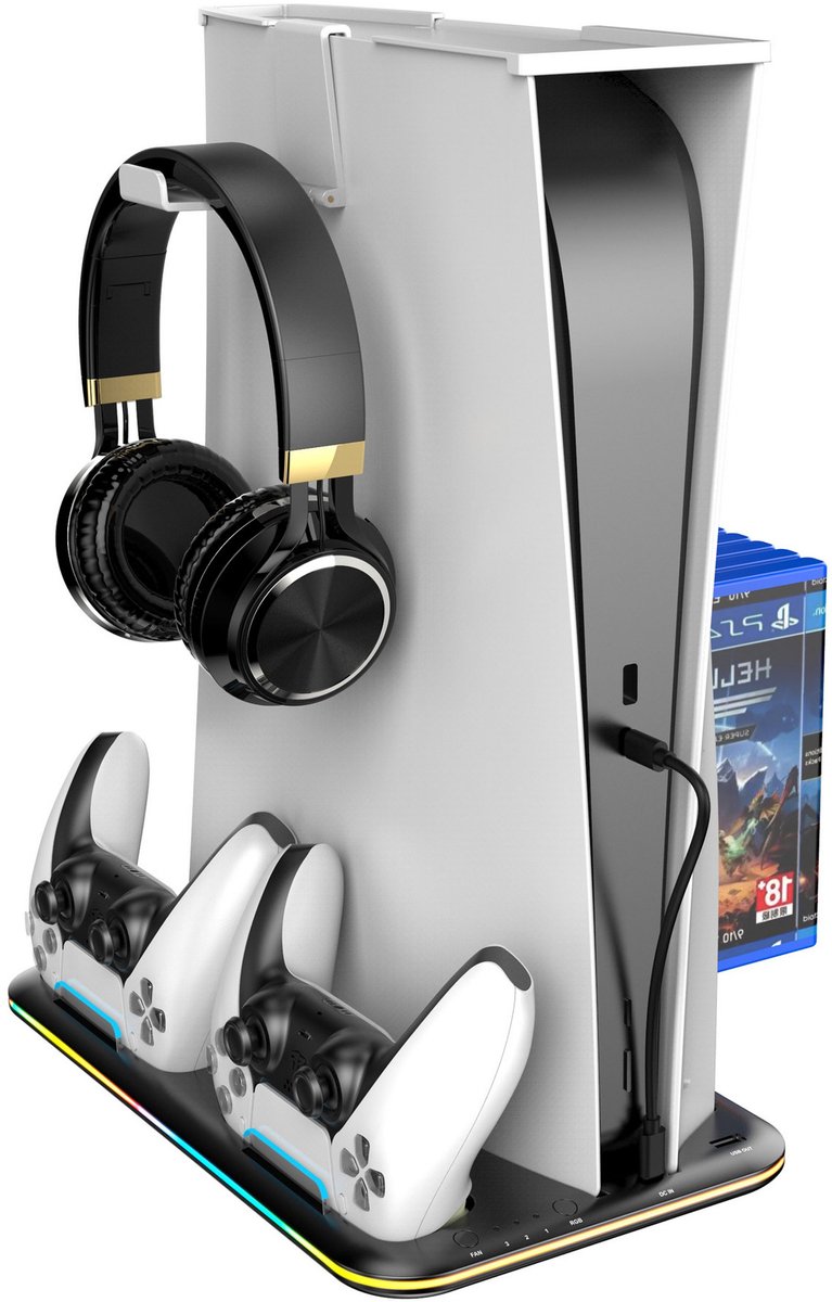 OYLCDI PS5 Standaard met Koeler & 2x Controller Lader - 3 Snelheden (3100-3500 RPM) - RGB - Opbergruimte voor 6 Games