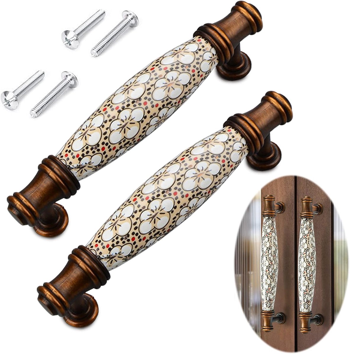 2 stuks vintage keramische deurklinkkast trekken,Keramische meubels lade handgrepen, zinklegering antiek brons geplateerd voor houten kledingkast kast lade woondecoratie met schroeven