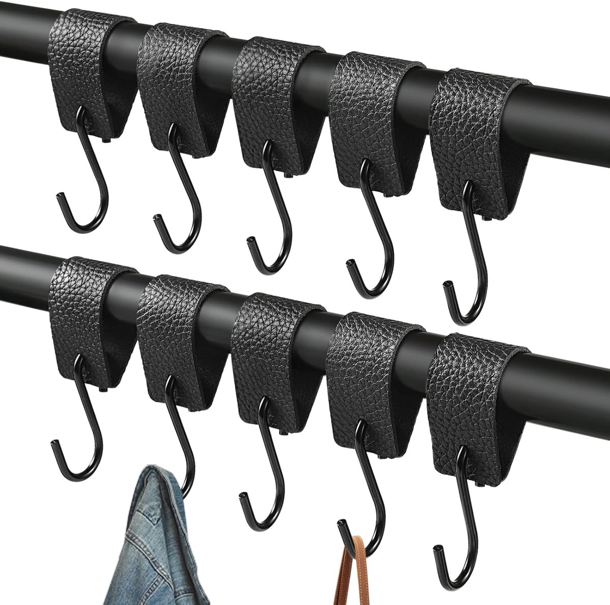 10 stuks S-haken met leren lus, zwarte kledinghaken om op te hangen, 12,5 × 3 cm, haken voor kledingstang, multifunctionele metalen haken voor keuken, badkamer, slaapkamer, woonkamer, camping