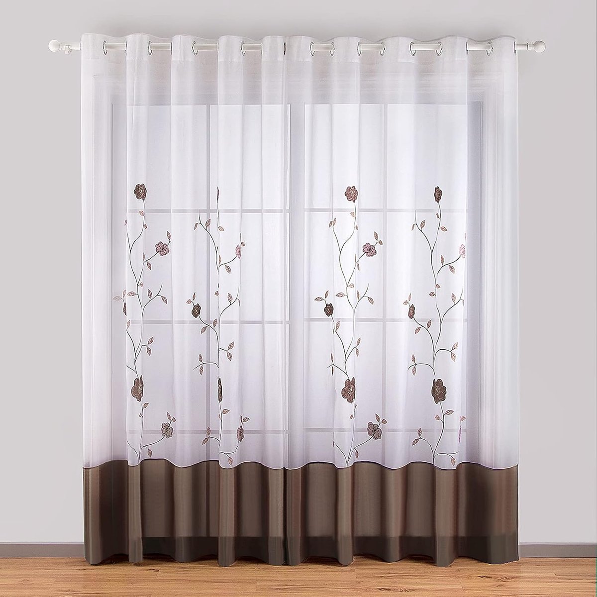 Set van 2 geborduurde semi-transparante gordijnen met bloemenpatroon met oogjes voor woonkamer, slaapkamer, keuken, balkon, 139,7 x 226,1 cm (b x h), bruin