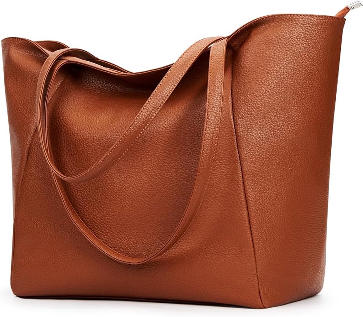 VHV Handtas Dames - Grote Shopper van PU Leer met Ritssluiting, A4 Hoofdvak en Binnenvak - Bruine Schoudertas voor Werk, School, Winkelen en Reizen