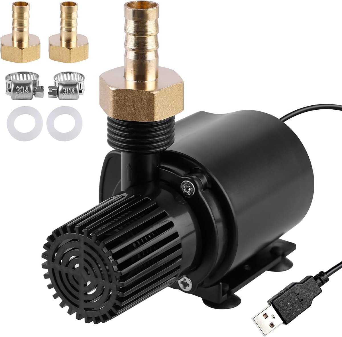 Mini-waterpomp, dompelpomp, 500 l/u, aquariumpomp, DC 5 V, USB-waterpomp, aquariumpomp, ultrastil, met 1,5 m netsnoer, 2 messing sproeiers voor aquarium, vijver, fontein
