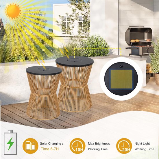 Solar Bijzettafel Outdoor Set van 2, Ronde Tuintafel Weerbestendig met Zonne-lamp, Kunststof Rattan Solar Outdoor Tafel, Boho Zonne-lamp Tafel voor Buiten, Balkontafel, Bijzettafel Terras van solar — afbeelding 2