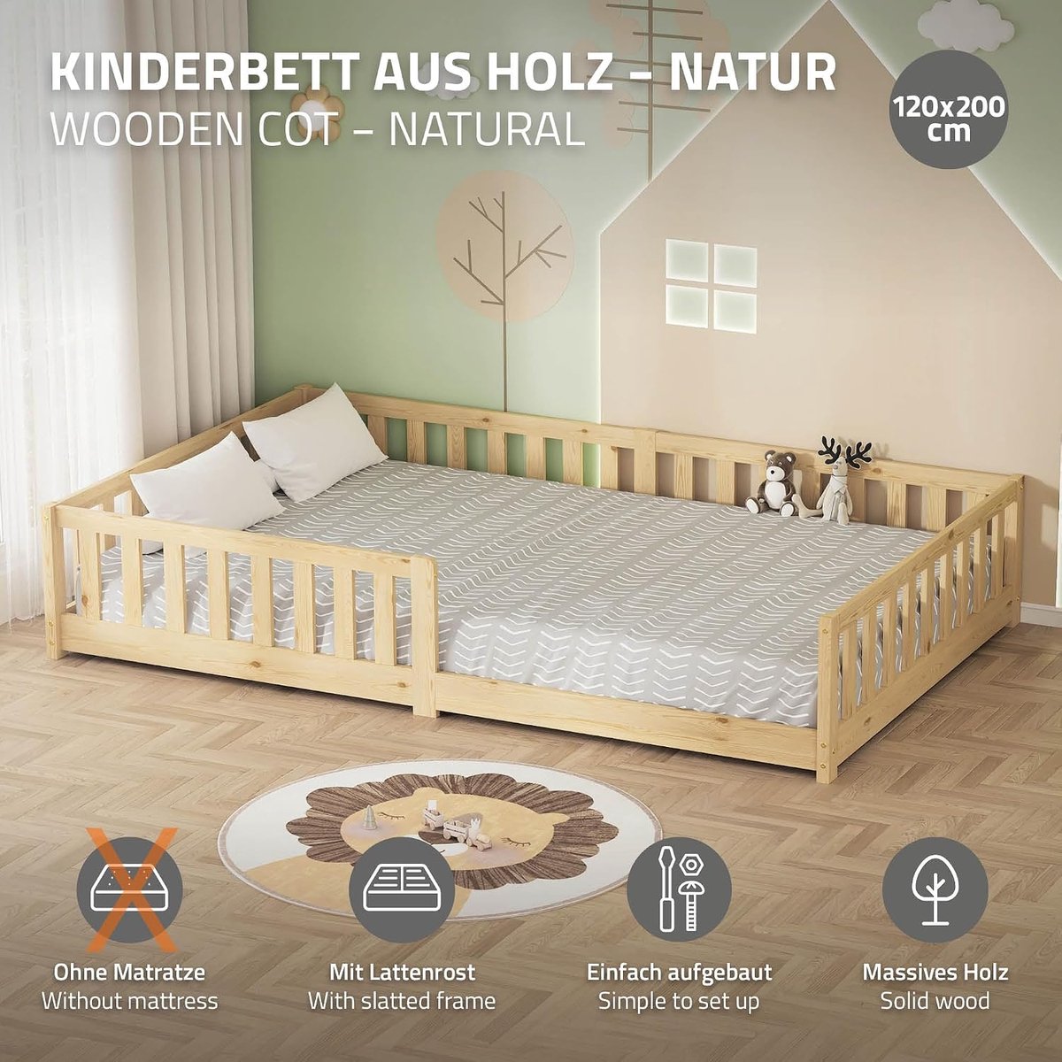 Kinderbed 120x200 cm naturel Vloerbed voor Kinderen met stevig Lattenbodem en Valbeveiliging Massief Grenenhouten Juniorbed Peuterbed Babybed Eenpersoons Bedframe voor Jongens en Meisjes