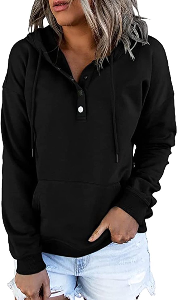 Hoodie voor dames, 1/4 knoopsluiting, lichte trui voor de capuchon, V-hals