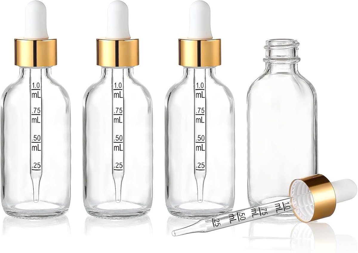 30ml Pipetflesjes 4 stuks – Helder Glas met Gegradueerde Pipetten – Inclusief Trechter, Pipetten en Stickers – Voor Essentiële Oliën, Tincturen en Parfumoliën