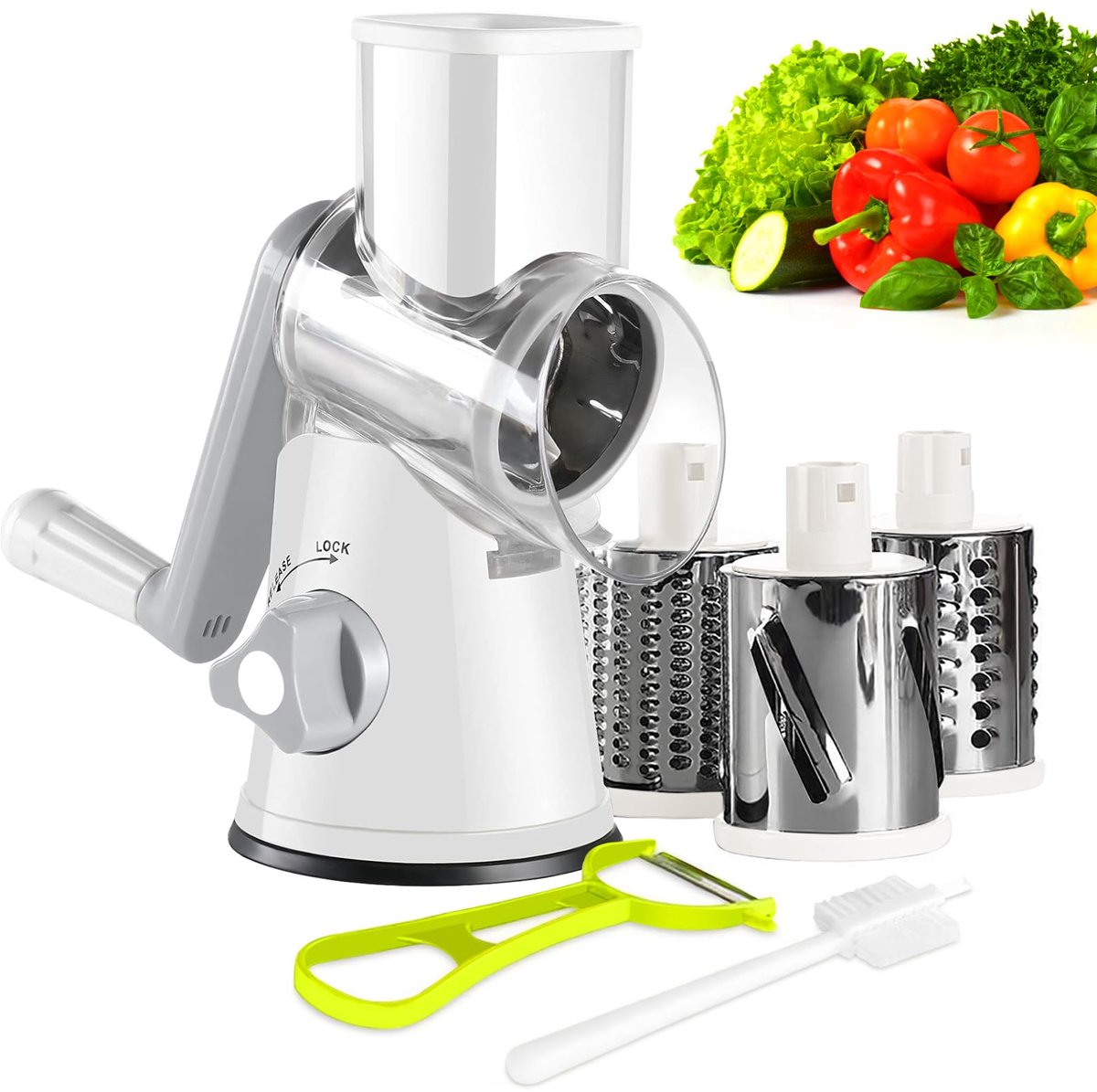 Groentesnijder met 3 Raspcilinders - Handmatige Mandoline Snijder - Multifunctionele Groenteschaaf & Kaasrasp - Roterende Snijder voor Groenten, Fruit, Kaas & Keukenbereiding - Keukenaccessoire