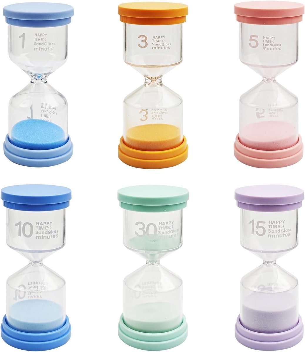 Set, 6 stuks gekleurd zandloperzand, 1 minuut, 3 minuten, 10 minuten, 15 minuten, 30 minuten, zandloper, voor kinderen, tijdmanagement, thuis, games, keuken