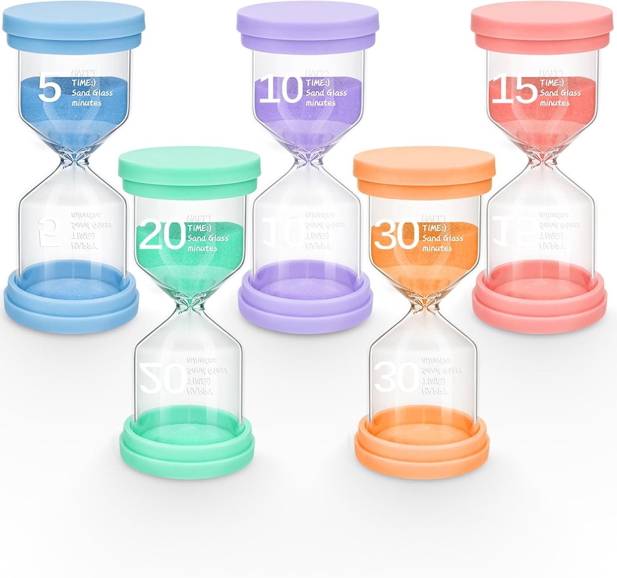 Timer Kleurrijk Zandloper Set met 5 Kleuren, Zandlopers voor Kinderen, 5 10 15 20 30 Minuten Glazen Timer voor Klas, Keuken, Kantoor, Decoratie