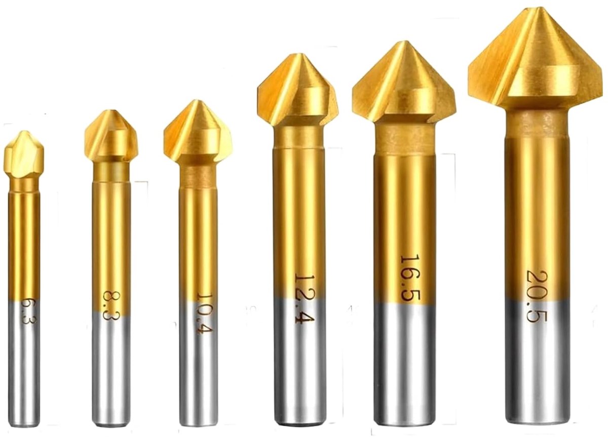 6-delig Kegelsenker Set, verzinkboor Set met titaniumcoating, HSS Kegelsenker metaal Ø 6,3-20,5 mm voor metaal- en niet-metaalbewerking, geschikt voor boormachines en accu-schroevendraaiers