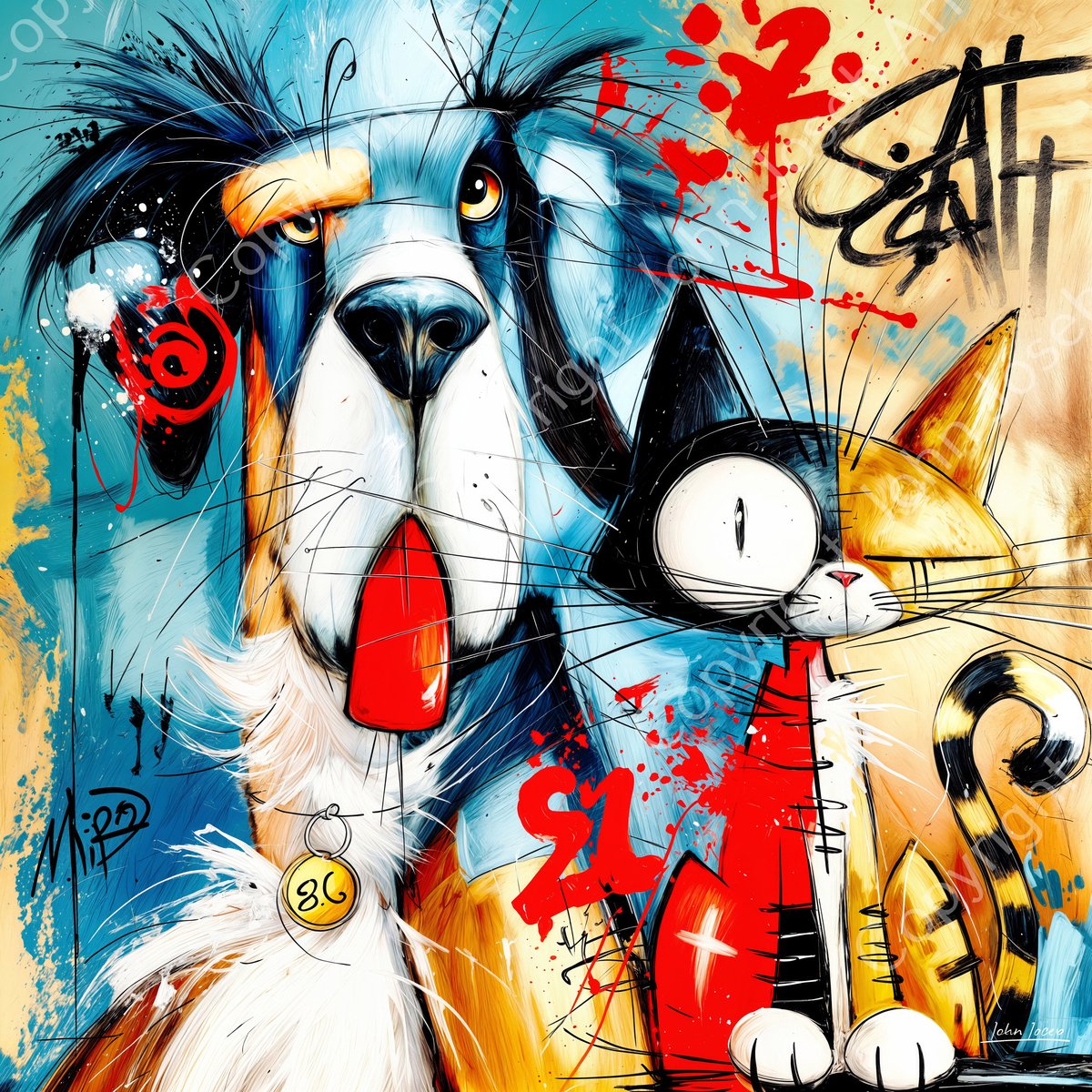 John Joseb Art (Canvas) 100x100 | Grappige poes, kat en hond, abstract, humor, graffiti, kleurrijk, kunst, dier, vierkant, blauw, bruin, rood, geel, wit, modern | Foto-Schilderij canvas print (wanddecoratie)