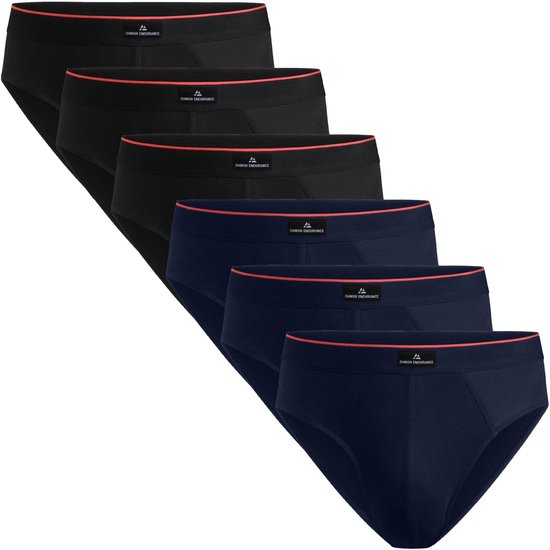Zes slips in zwart en donkerblauw, met rode bies aan de tailleband.