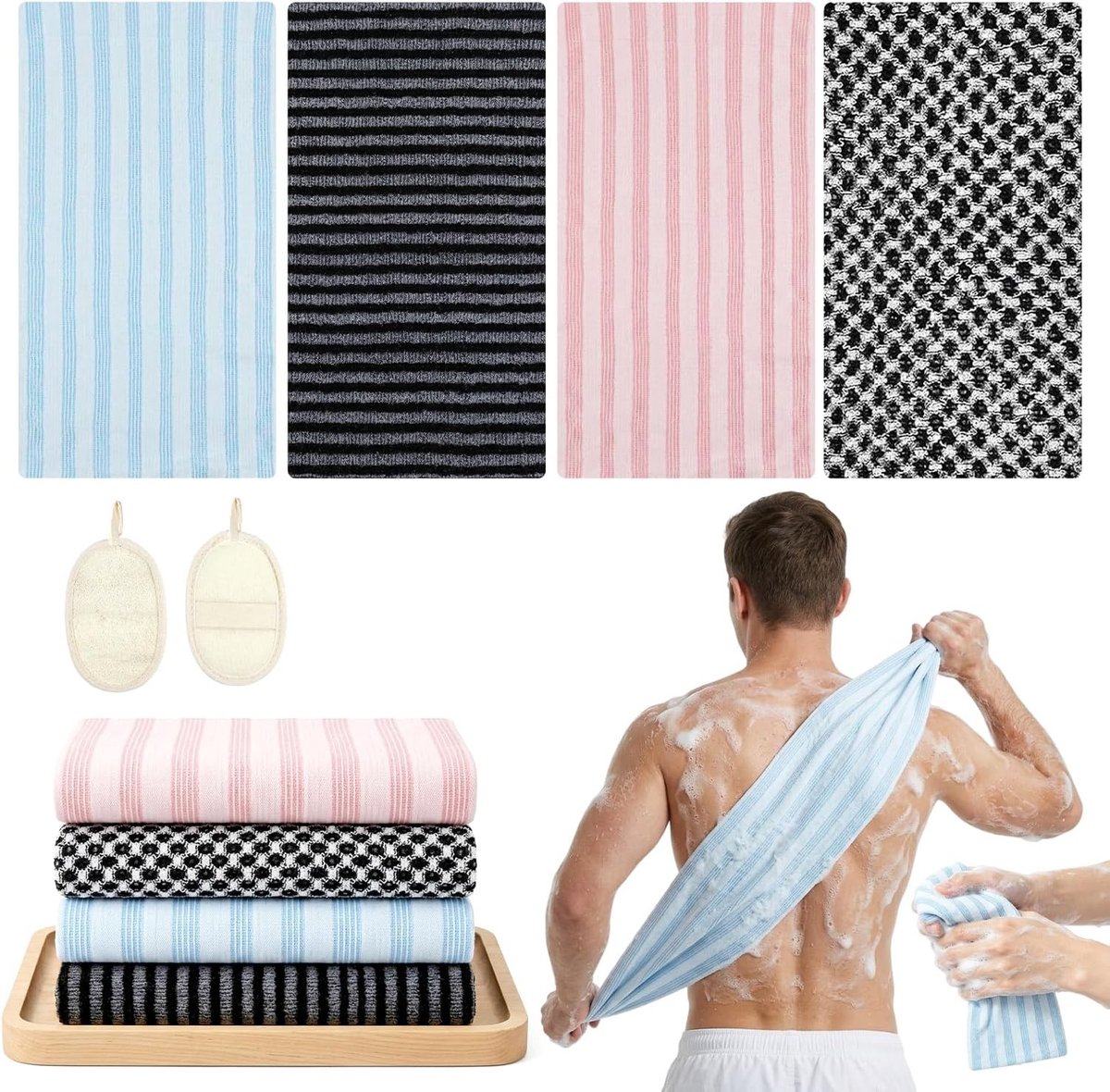 Japanse peelinghanddoeken met luffa-spons - 4 stuks exfoliërende washandjes voor diepe reiniging, rugschrobber voor sauna en badkamer, ideaal voor mannen en vrouwen