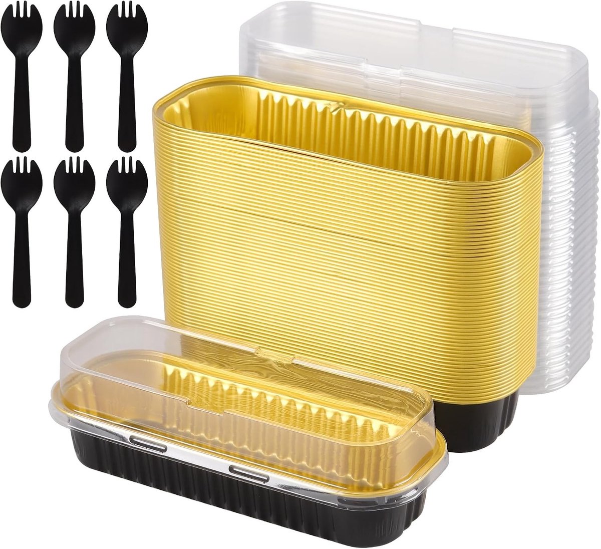 60 Set Mini Brood Pannen met Deksels & Lepels, 200ml Aluminiumfolie Bakvormen voor Brood, Cake en Taarten, Zwart & Goud, 16,6x6,5x3cm