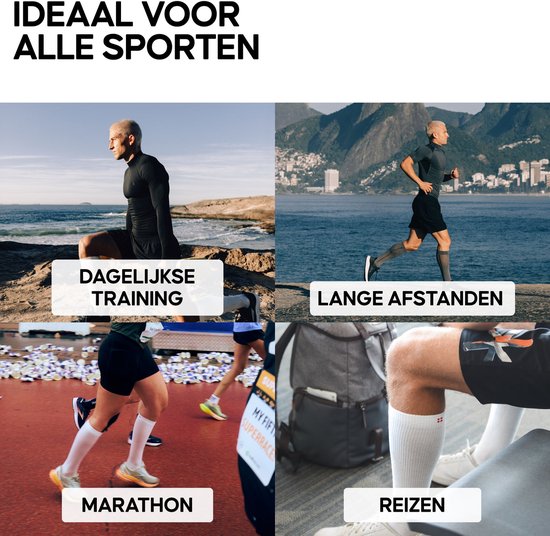 Vier afbeeldingen van mensen die compressiekousen dragen tijdens dagelijkse training, lange afstanden, marathons en reizen.