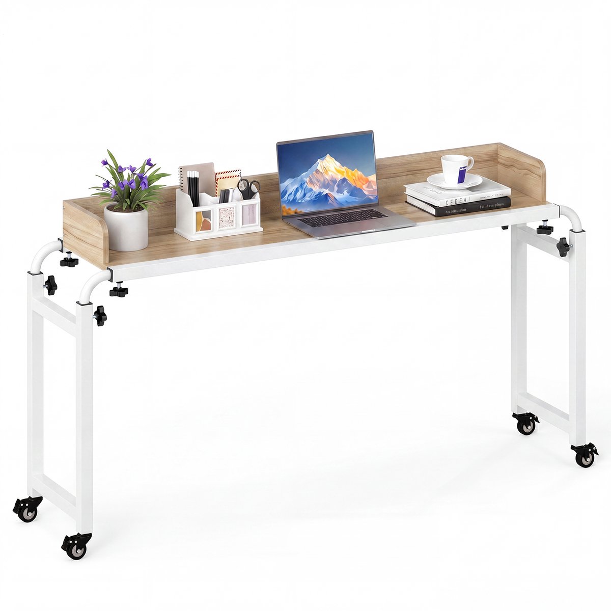 COSTWAY Verrijdbare Bedtafel met Wieltjes, Bedtafel met Verstelbare Hoogte & Lengte, Verzorgingstafel met Geluidsscherm, Bureau boven Bed, Computertafel Laptoptafel voor Slaapkamer (Natuur)
