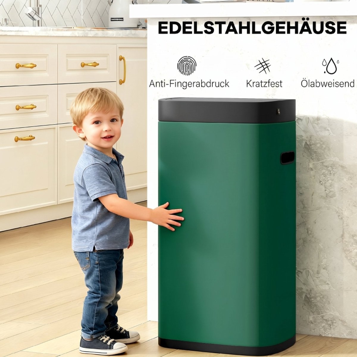 COVREO Sensorprullenbak 50L 26,5x35,5x68 cm donkergroen metaal, automatisch openen