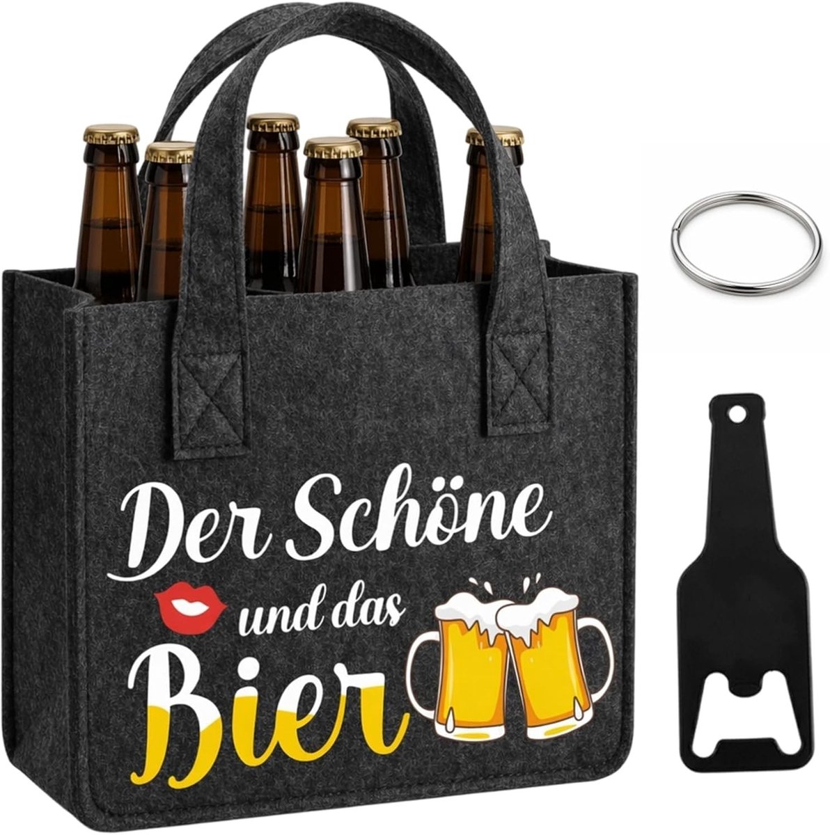 Handtas voor Mannen - Zwart - 24 x 15 x 16 cm - Vilt Biertas met Flesopener - Voor 6 Flessen