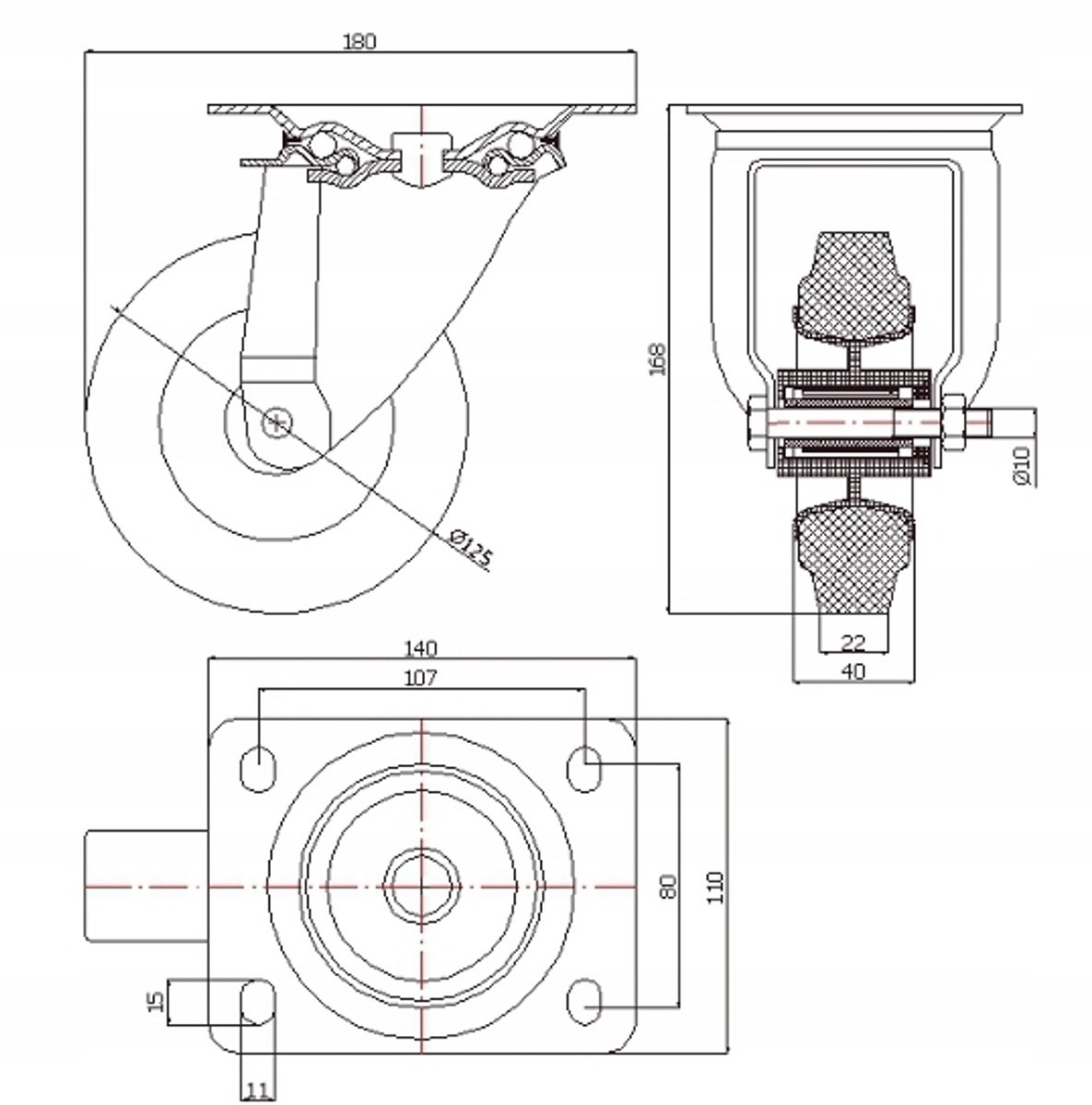 Zwenkbaar Wiel 125mm Kunststof Rubber 22TS - 70kg