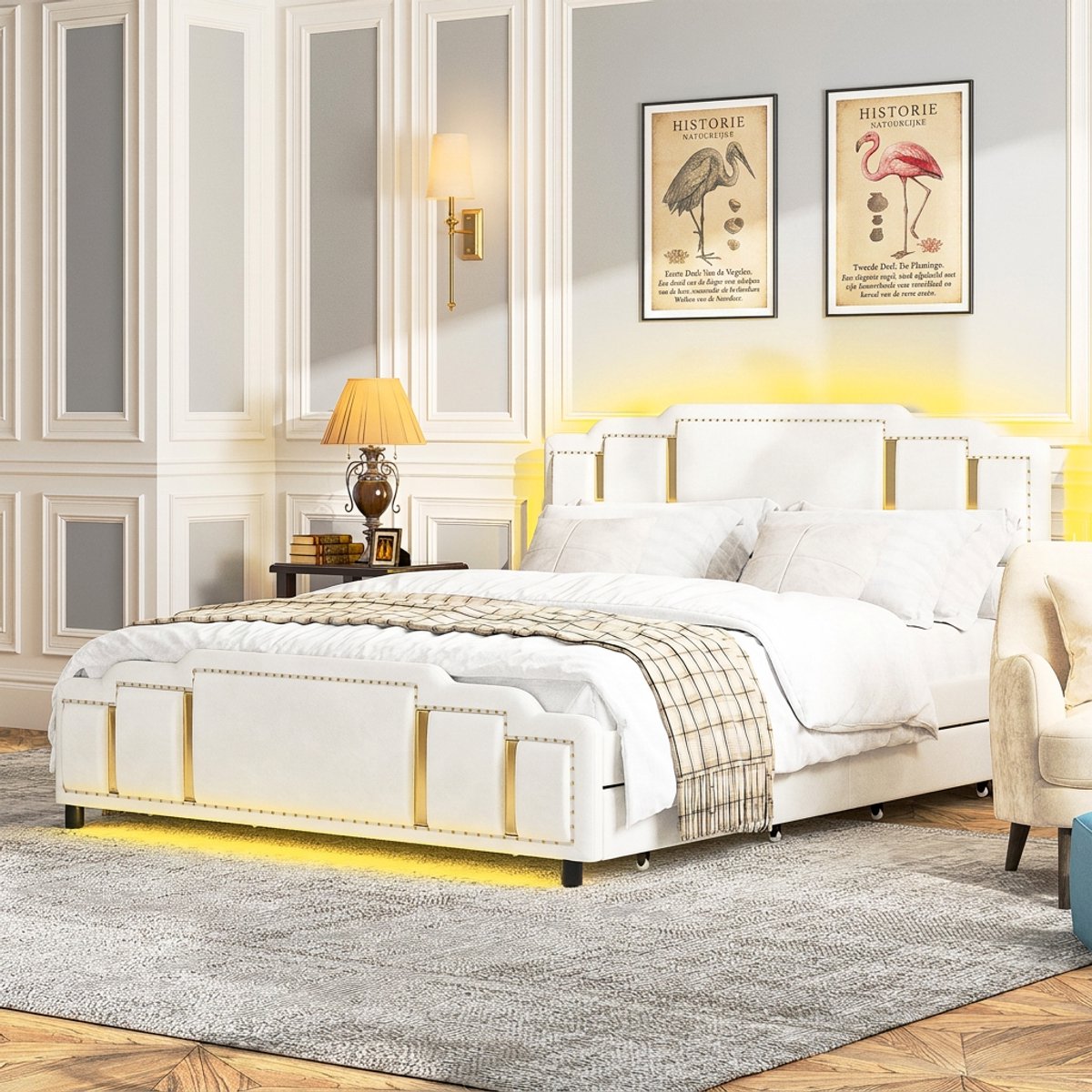 Gestoffeerd tweepersoonsbed 140 x 200 cm - Fluweel, lades en goudkleurige sierlijst - Beige-Matras niet inbegrepen