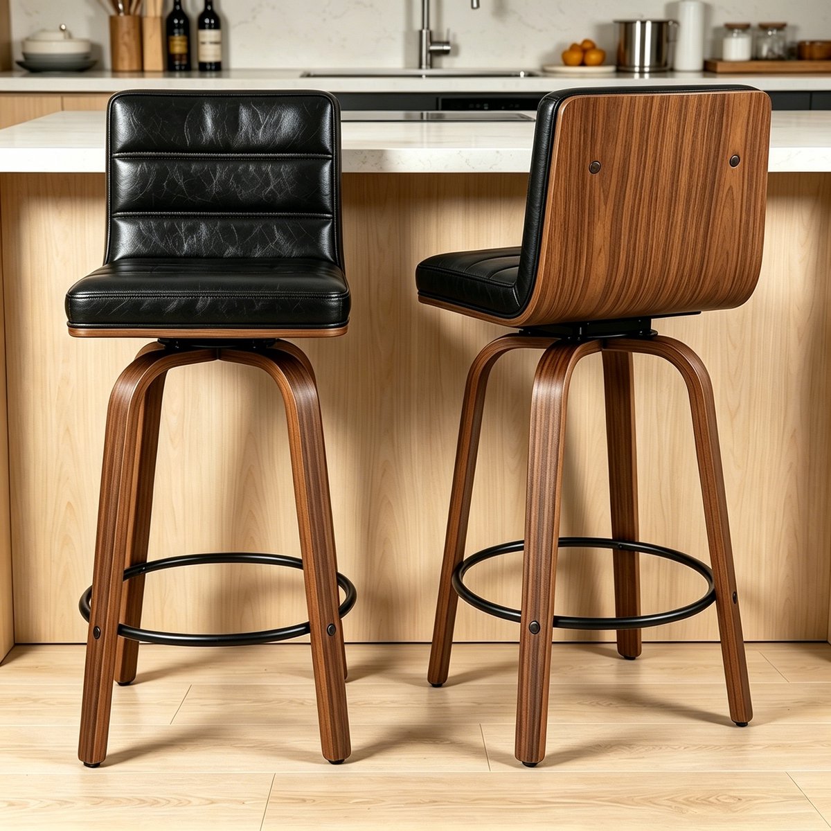 Clruro Barkruk - 360° Draaibaar - Gebogen Rug met Voetring - PU-Leer en Beukenhout - Houtkleur
