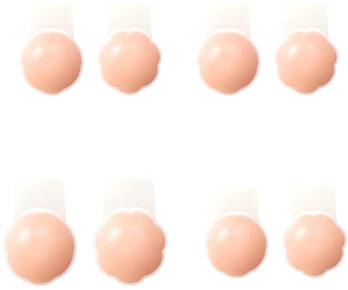Borstlift-stickers – Diameter 6,5 cm – 8 stuks – Onzichtbare borstbedekkers – Twee modellen (bloem & rond) – Siliconen borstpads – Siliconen tepelcovers – Strapless borstpads –Geschikt voor jurken met blote rug, bruidskleding en strapless outfits