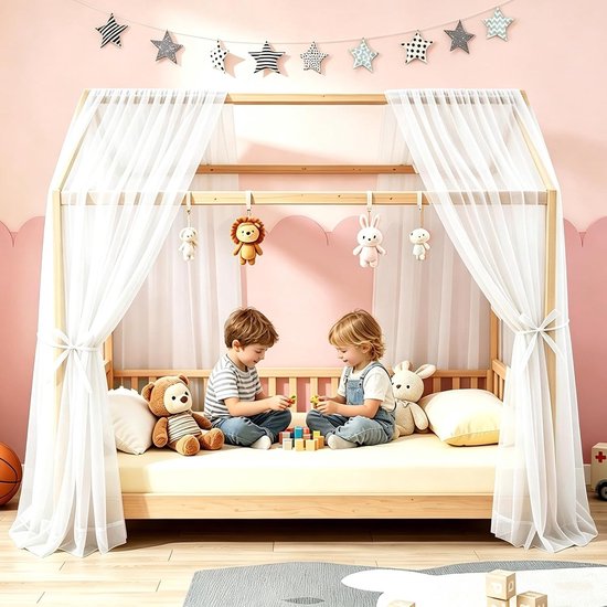 Huisbed Hemelset 2 Stuks 150 x 350 cm - Ademend Bedgordijn voor Kinderbed - Biologisch Katoen Decoratie voor Meisjes en Jongens — afbeelding 2